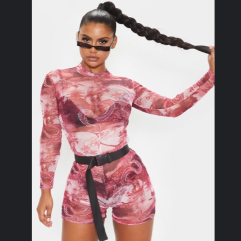 Red Oriental Print Mesh Long Sleeve Unitard